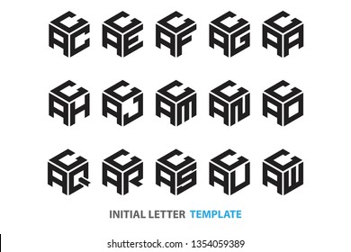 a collection of fifteen different kinds of initial three-letter hexagon logos in a modern black style