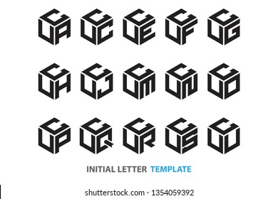 una colección de quince tipos diferentes de logos iniciales de tres letras hexagonales en un estilo negro moderno