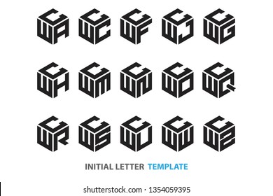 a collection of fifteen different kinds of initial three-letter hexagon logos in a modern black style