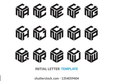 a collection of fifteen different kinds of initial three-letter hexagon logos in a modern black style