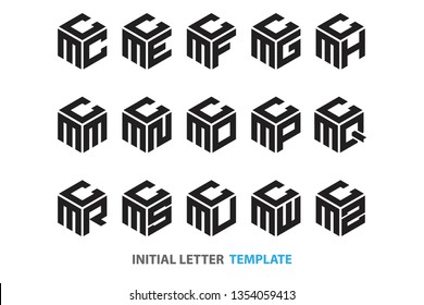 a collection of fifteen different kinds of initial three-letter hexagon logos in a modern black style