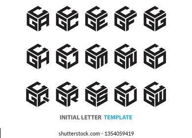 a collection of fifteen different kinds of initial three-letter hexagon logos in a modern black style