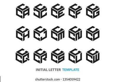 a collection of fifteen different kinds of initial three-letter hexagon logos in a modern black style