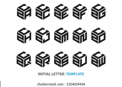 a collection of fifteen different kinds of initial three-letter hexagon logos in a modern black style