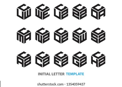 a collection of fifteen different kinds of initial three-letter hexagon logos in a modern black style