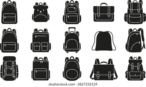 A collection of fifteen distinct backpack and bag arranged in a grid, featuring various styles of school bags and travel luggage silhouettes