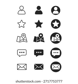 Uma coleção de quinze ícones distintos da interface do usuário exibidos em três estilos diferentes: contorno (arte de linha), sólido (preenchido) e delimitado dentro de um círculo sólido. Os ícones representam funções comuns
