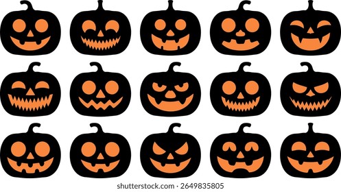 Collection of fifteen diverse black halloween pumpkin jack o lantern faces silhouette