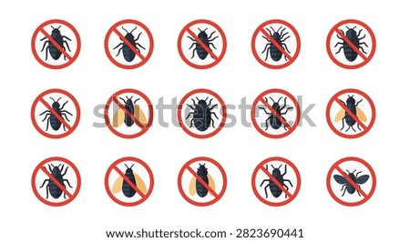 Collection of fifteen flat insect icons including mites, bedbugs, and flies inside red prohibition circles on white background, suitable for pest control and sanitation graphics.