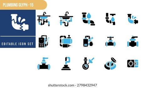 A collection of fifteen flat showing various plumbing scenarios, such as leaking pipes, kitchen sinks, and industrial valves, using a blue and black color scheme on white background.