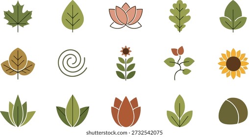 A collection of fifteen flat vector icons representing nature, including various leaves, flowers, a spiral, and a stone, in a palette of green and brown.