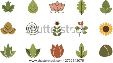 A collection of fifteen flat vector icons representing nature, including various leaves, flowers, a spiral, and a stone, in a palette of green and brown.