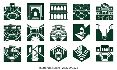 Collection of fifteen flat vector illustrations featuring traditional Indian stepwell architecture, ancient baoris, geometric staircases, and arched entryways in dark green.