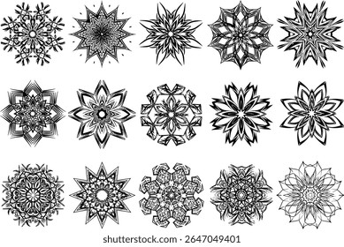 A Collection of Fifteen Intricate Black and White Mandala Designs Displaying Symmetry and Detailed Linework Against a Plain Background Creating Artistic Visuals
