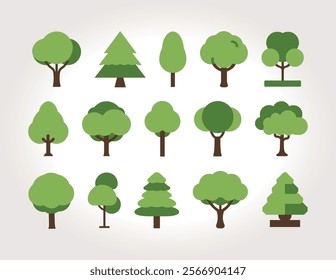 "Collection of Fifteen Minimalistic Flat Tree Designs in Green Tones"