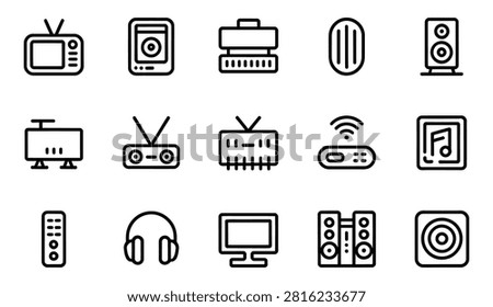 A collection of fifteen outlined electronic device icons arranged in a grid on white background