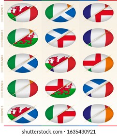 Collection of fifteen rugby matches for rugby tournament, vector flags stylized Rugby ball.
