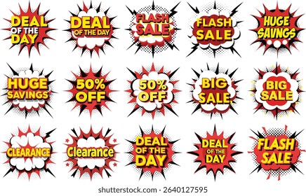 A collection of fifteen sales promotion comic pop-art style speech bubbles featuring Deal of the Day, Flash Sale, Clearance, 50% Off, Big Sale and Huge Savings!