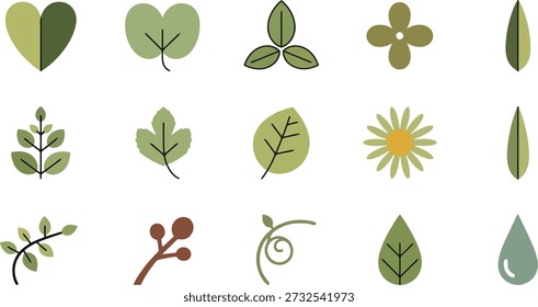 A collection of fifteen simple, flat vector icons featuring natural elements like leaves, flowers, hearts, swirls, and a water droplet in a muted color palette.