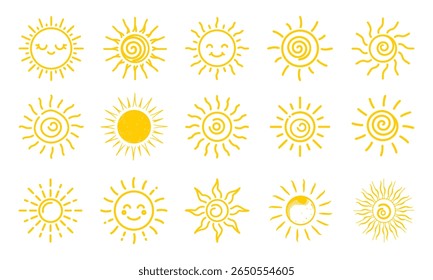 Collection of fifteen stylized yellow sun icons with various designs including happy faces and spiral patterns