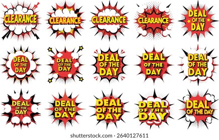 Collection of fifteen vector illustrations depicting cartoon comic book style sale banners, promoting clearance and 'deal of the day' offers, with dynamic explosion effects on a white background.