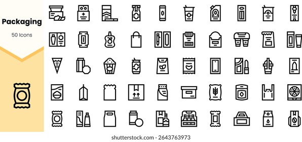 A collection of fifty flat line icons representing various packaging designs, featuring containers, boxes, and labels in minimalistic style.