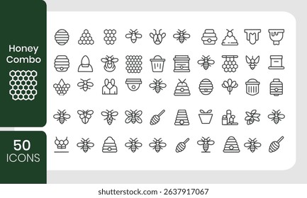 Collection of fifty honey related icons in simple outline style for web design and applications
