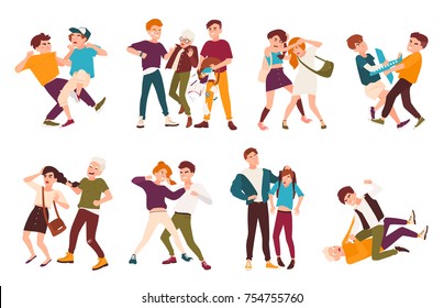 Collection of fighting children. Conflicts between kids, violent behavior among teenagers, violence at school. Flat cartoon characters isolated on white background. Colorful vector illustration.