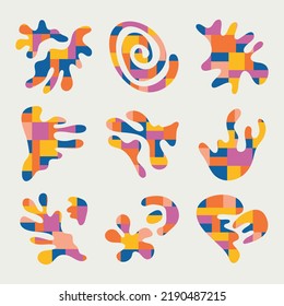 Collection of figures in the modern style of Matisse and Bauhaus. Vector creative slicing of organic and geometric shapes. Abstract retro mosaic, isolated elements for logo, sticker, print, poster.