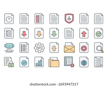 Colección de iconos de archivos y documentos que representan la gestión de datos y la Organización para el Diseño web y el desarrollo de la interfaz de usuario
