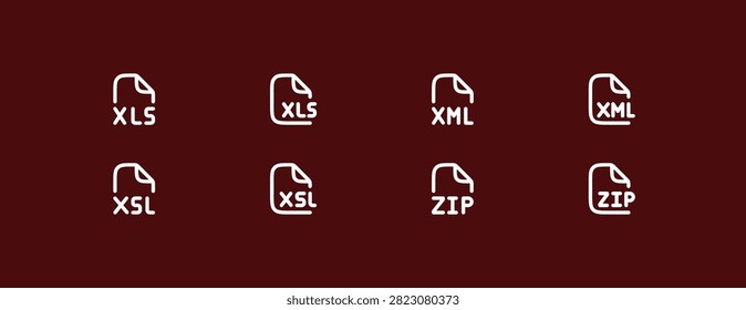 Collection of file extension icons including XLS spreadsheet formats XML data structures and ZIP archive compression symbols for web and desktop applications. Designed with a consistent outline style for clear document management and organized digital workspace interface implementation.