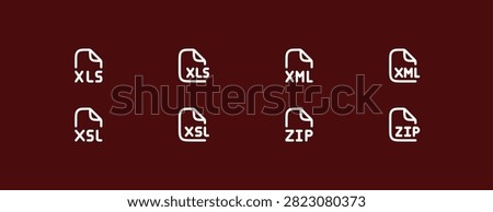 Collection of file extension icons including XLS spreadsheet formats XML data structures and ZIP archive compression symbols for web and desktop applications. Designed with a consistent outline style for clear document management and organized digital workspace interface implementation.