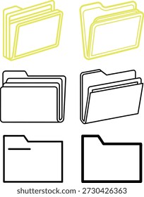 Colección de íconos de carpetas de archivos, incluidas las vistas abiertas, cerradas y múltiples documentos. Simple arte de línea en blanco y negro junto con versiones de contorno amarillo. Perfecto para Archivar de organizaciones digitales, almacenamiento de información de documentación empresarial y tareas administrativas.