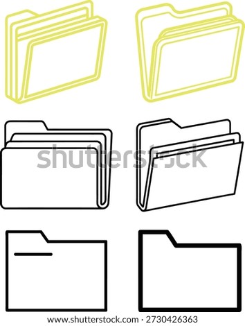 Collection of file folder icons including open closed and multiple document views. Simple black and white line art alongside yellow outline versions. Perfect for digital organization archives business documentation information storage and administrative tasks.