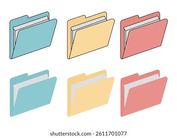 Collection of file folders in different colors. Isolated graphic elements. Versatile design for various tech, office applications. Ideal for creating user interface icons. Clean simple shapes.