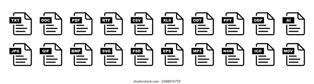 Collection file format icons.File forma TXT, DOC, PDF, RTF, CSV, XLS, ODT, PPT, ODP, AI, JPG, GIF, MOV.Representing document, image, audio, and video file types.