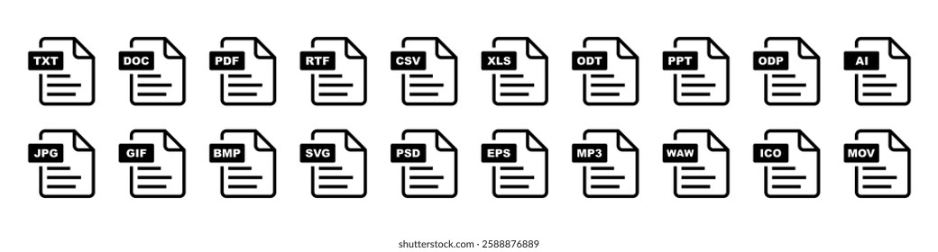 Collection file format icons.File forma TXT, DOC, PDF, RTF, CSV, XLS, ODT, PPT, ODP, AI, JPG, GIF, MOV.Representing document, image, audio, and video file types.