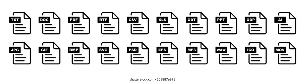 Collection file format icons.File forma TXT, DOC, PDF, RTF, CSV, XLS, ODT, PPT, ODP, AI, JPG, GIF, MOV.Representing document, image, audio, and video file types.