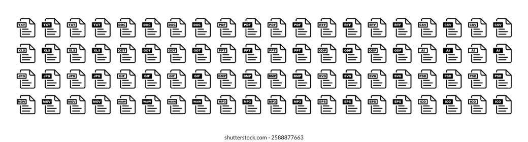 Collection file format icons.File forma TXT, DOC, PDF, RTF, CSV, XLS, ODT, PPT, ODP, AI, JPG, GIF, MOV.Representing document, image, audio, and video file types.