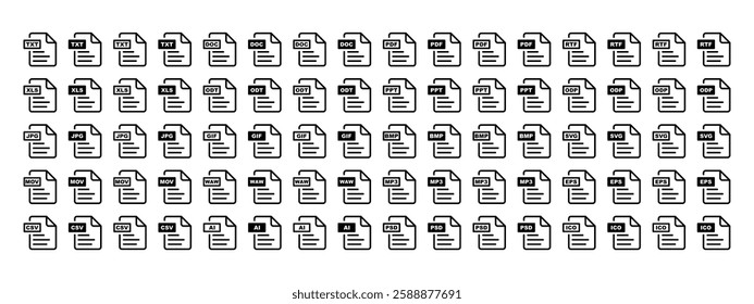 Collection file format icons.File forma TXT, DOC, PDF, RTF, CSV, XLS, ODT, PPT, ODP, AI, JPG, GIF, MOV.Representing document, image, audio, and video file types.