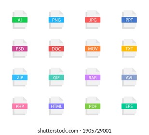 Collection of file type icons. Format and extension of documents. PDF, DOC, JPG, PSD, MP3, TX, ZIP, PPT, XLS and others. Graphic templates for ui. Vector illustration