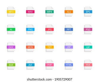 Collection of file type icons. Format and extension of documents. PDF, DOC, JPG, PSD, MP3, TX, ZIP, PPT, XLS and others. Graphic templates for ui. Vector illustration