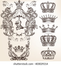 Collection of filigree high detailed shields and crowns for design