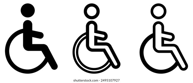 collection of fill and outline Handicap signage vector wc invalid icon. Disable toilet access wheelchair sign design isolated on white background