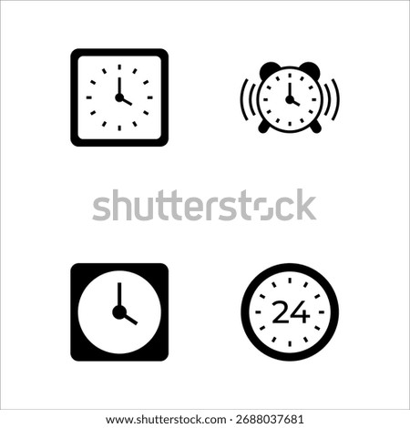 Collection of filled clocks: square, alarm, round, and 24 hour clocks.