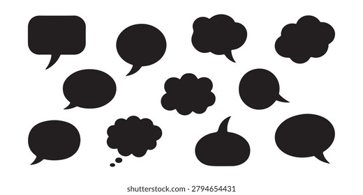 Collection of filled dark comic chat shapes including thought bubbles and rectangular box elements.