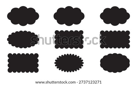 Collection of filled irregular shapes such as clouds, ovals, and rectangles with scalloped borders on white background