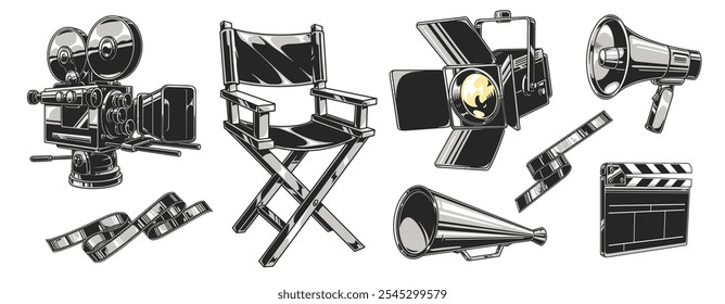 Una colección de herramientas de producción de películas está organizada creativamente mostrando la silla del director de una cámara vintage que enciende megáfonos y carretes de película. Estos elementos representan la esencia del cine.