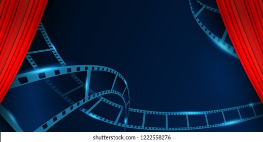 Collection film strip frame behind Red Curtains.  Vector cinema festival poster, banner or flyer background. Art design reel cinema filmstrip template. Movie time and entertainment concept.