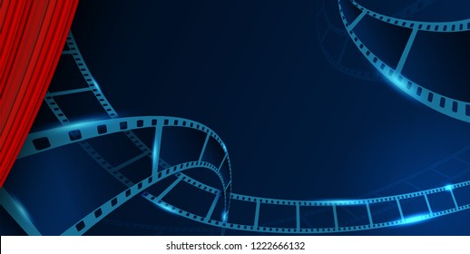 Collection film strip frame behind red curtain. Cinema festival poster, banner or flyer background. Creative vector illustration of old film strip frame. Movie time and entertainment concept. 